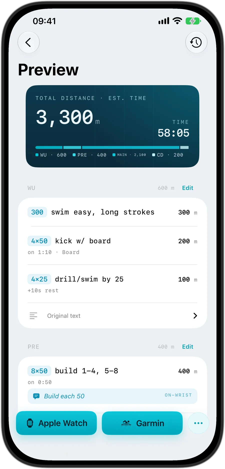 Swim Structured: parsed workout